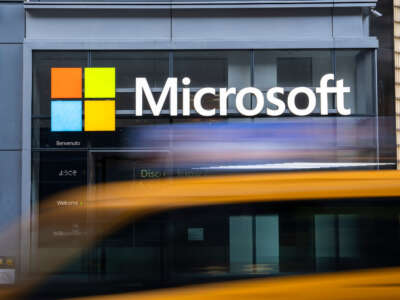 A view of the Microsoft corporate logo in front of the Microsoft Office building on 41st street and 8th avenue on November 25, 2024, in New York City.