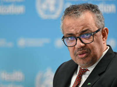 World Health Organization chief Tedros Adhanom Ghebreyesus looks on during a press conference in Geneva, Switzerland, on April 6, 2023.