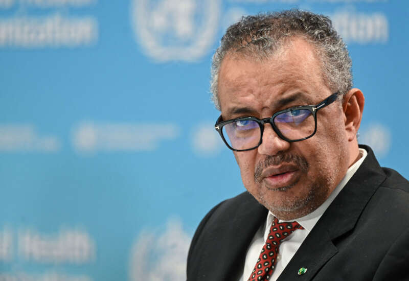 World Health Organization chief Tedros Adhanom Ghebreyesus looks on during a press conference in Geneva, Switzerland, on April 6, 2023.