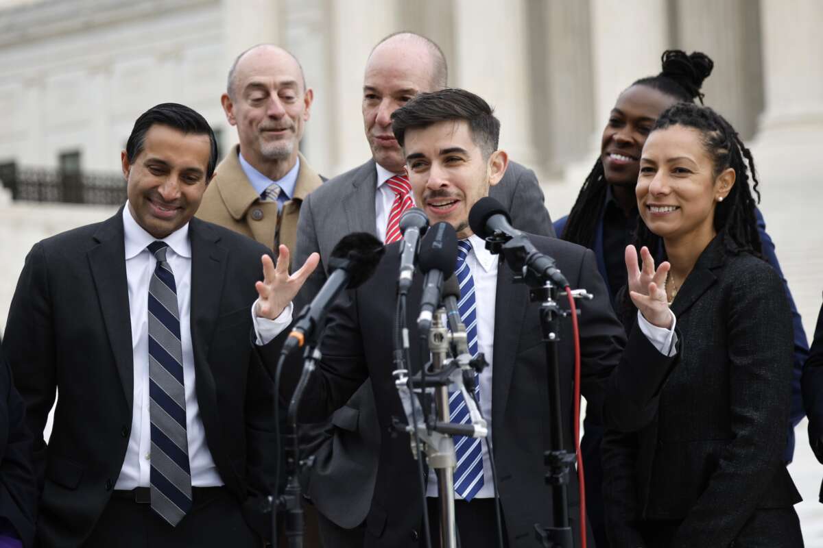 Lawyer and transgender rights activist Chase Strangio speaks after arguing in a transgender rights case before the U.S. Supreme Court on December 4, 2024, in Washington, D.C.