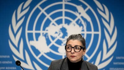 United Nations Special Rapporteur on the occupied Palestinian territories Francesca Albanese holds a press conference in Geneva on December 11, 2024.