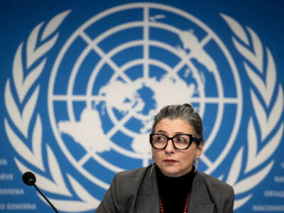 United Nations Special Rapporteur on the occupied Palestinian territories Francesca Albanese holds a press conference in Geneva on December 11, 2024.