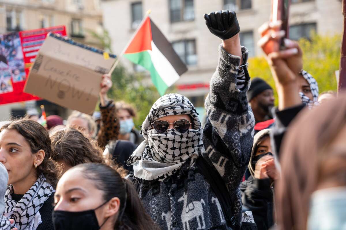 Students participate in a protest in support of Palestine and for free speech outside of the Columbia University campus on November 15, 2023, in New York City.