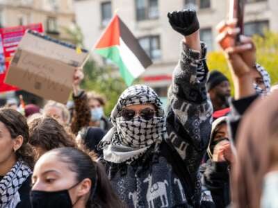 Students participate in a protest in support of Palestine and for free speech outside of the Columbia University campus on November 15, 2023, in New York City.