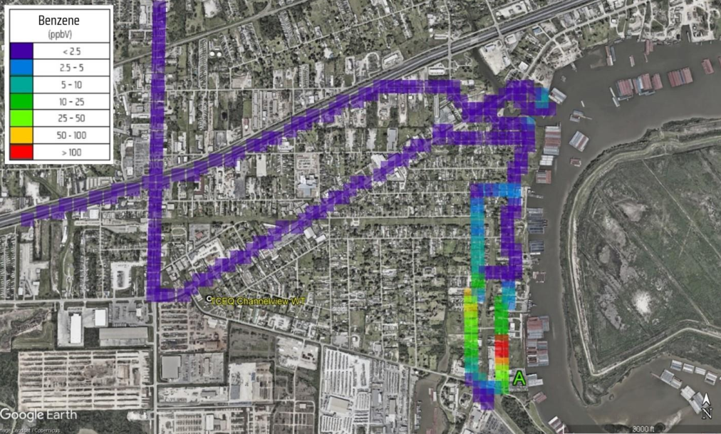 FluxSense scientists captured benzene levels throughout Channelview in September 2022. In one sample, concentrations outside Site A exceeded 100 ppb but dropped to below 2.5 ppb by the time emissions reached the TCEQ’s stationary monitor about a mile away.