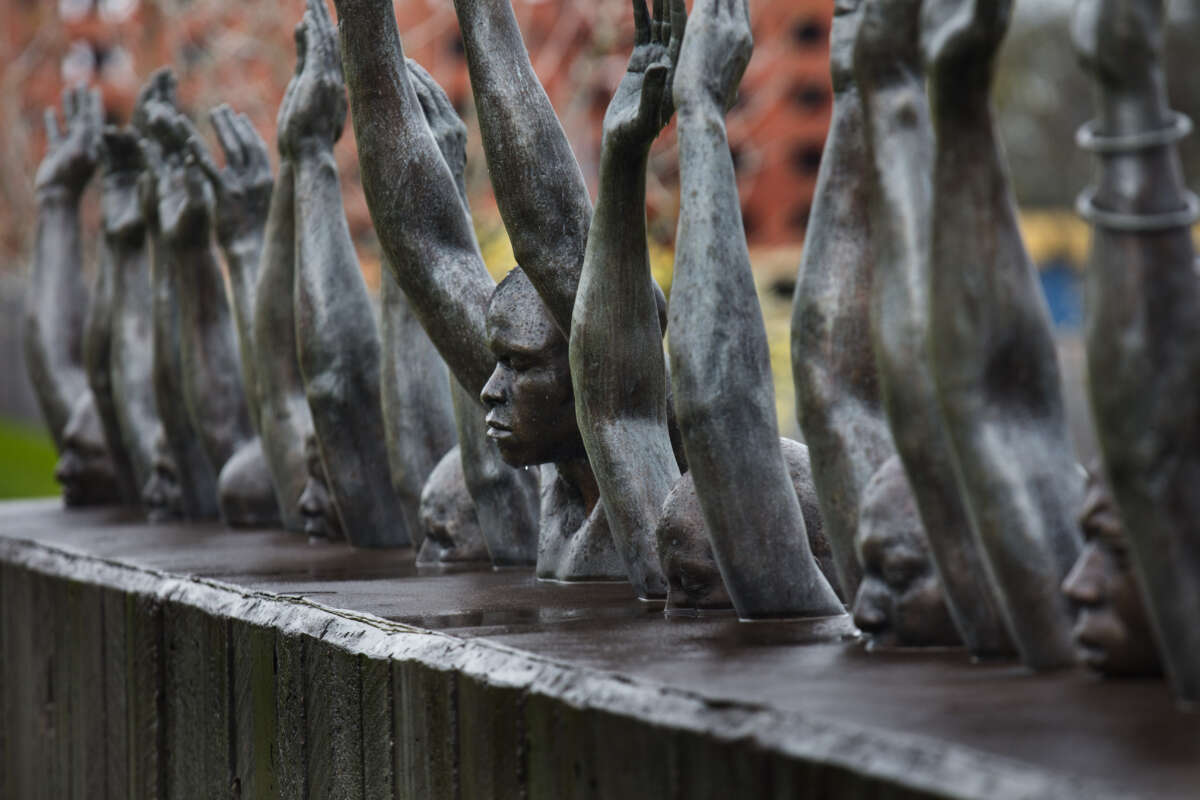 Hank Willis Thomas' 'Raise Up' statue, which depicts issues of police violence and incarceration, in the National Memorial for Peace and Justice on March 3, 2020, in Montgomery, Alabama.