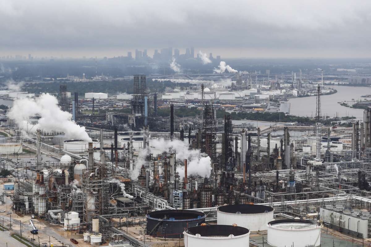 Petrochemical plants along the Houston Ship Channel are shown in the aftermath of Tropical Storm Harvey on August 29, 2017, in Houston, Texas.