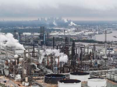 Petrochemical plants along the Houston Ship Channel are shown in the aftermath of Tropical Storm Harvey on August 29, 2017, in Houston, Texas.