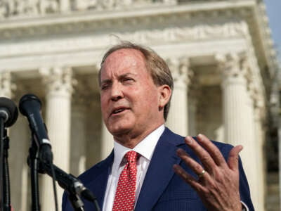 Ken Paxton, Texas Attorney General, speaks with the media on February 26, 2024, in Washington, D.C.