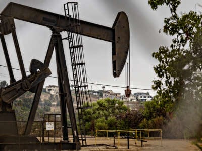 Homes sit in the shadow of the Inglewood Oil Field on September 25, 2024, in Los Angeles, California.