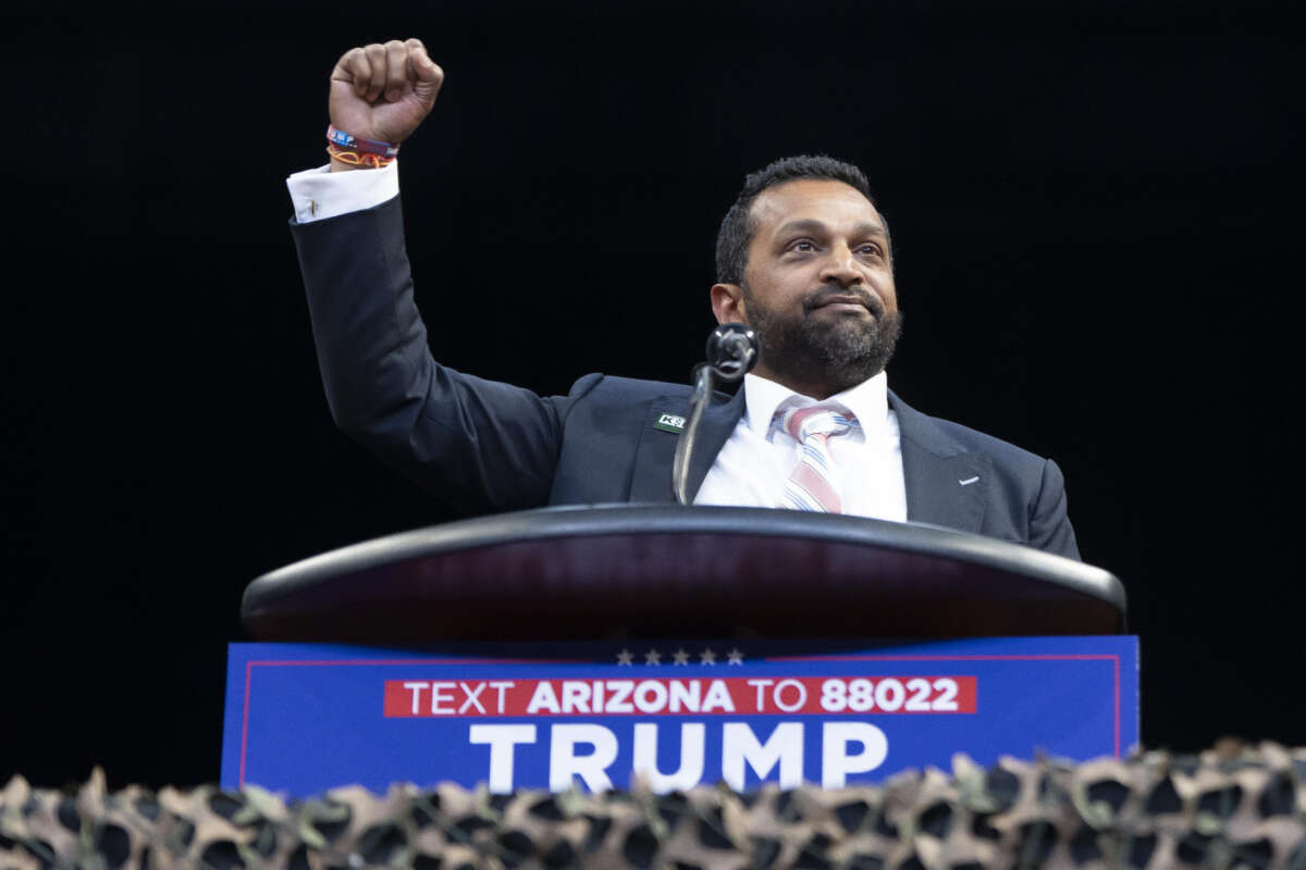 Former Chief of Staff to the U.S. Secretary of Defense Kash Patel speaks during a campaign rally for Donald Trump at Findlay Toyota Center, on October 13, 2024, in Prescott Valley, Arizona.