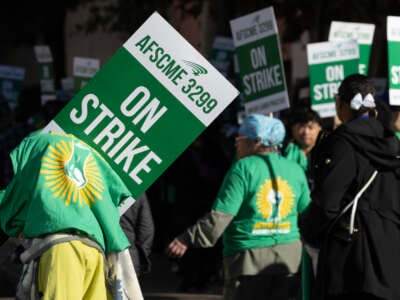 Workers picket in front of the Ronald Reagan UCLA Medical Center in Westwood, California, on November 20, 2024.