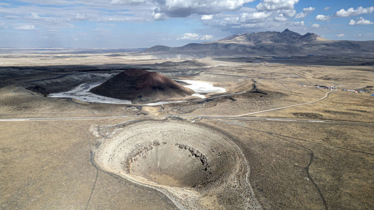 The famous Meke Lake, also known as the evil eye of the world, is shown dried up due to drought and climate change on December 15, 2024 in Konya, Türkiye.