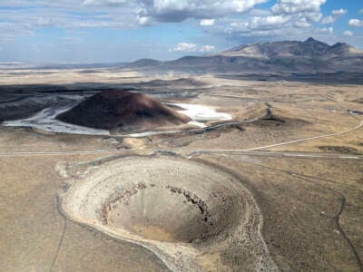 The famous Meke Lake, also known as the evil eye of the world, is shown dried up due to drought and climate change on December 15, 2024 in Konya, Türkiye.