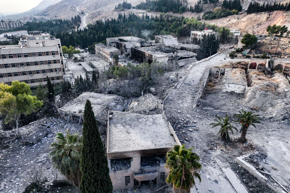 This aerial view shows the aftermath of an overnight strike attributed to Israel on the Barzeh scientific research centre in northern Damascus, Syria, on December 10, 2024.