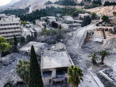 This aerial view shows the aftermath of an overnight strike attributed to Israel on the Barzeh scientific research centre in northern Damascus, Syria, on December 10, 2024.