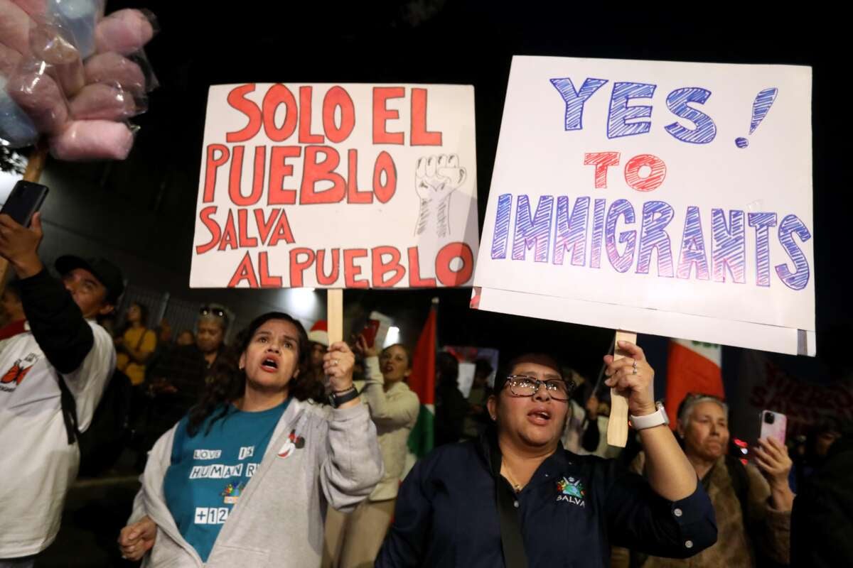 People march in support immigrant rights and against the possibility of mass deportation of immigrants as part of International Day of Action and Solidarity with Migrants in Los Angeles, CA, on December 18, 2024.