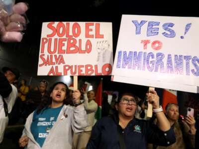 People march in support immigrant rights and against the possibility of mass deportation of immigrants as part of International Day of Action and Solidarity with Migrants in Los Angeles, CA, on December 18, 2024.