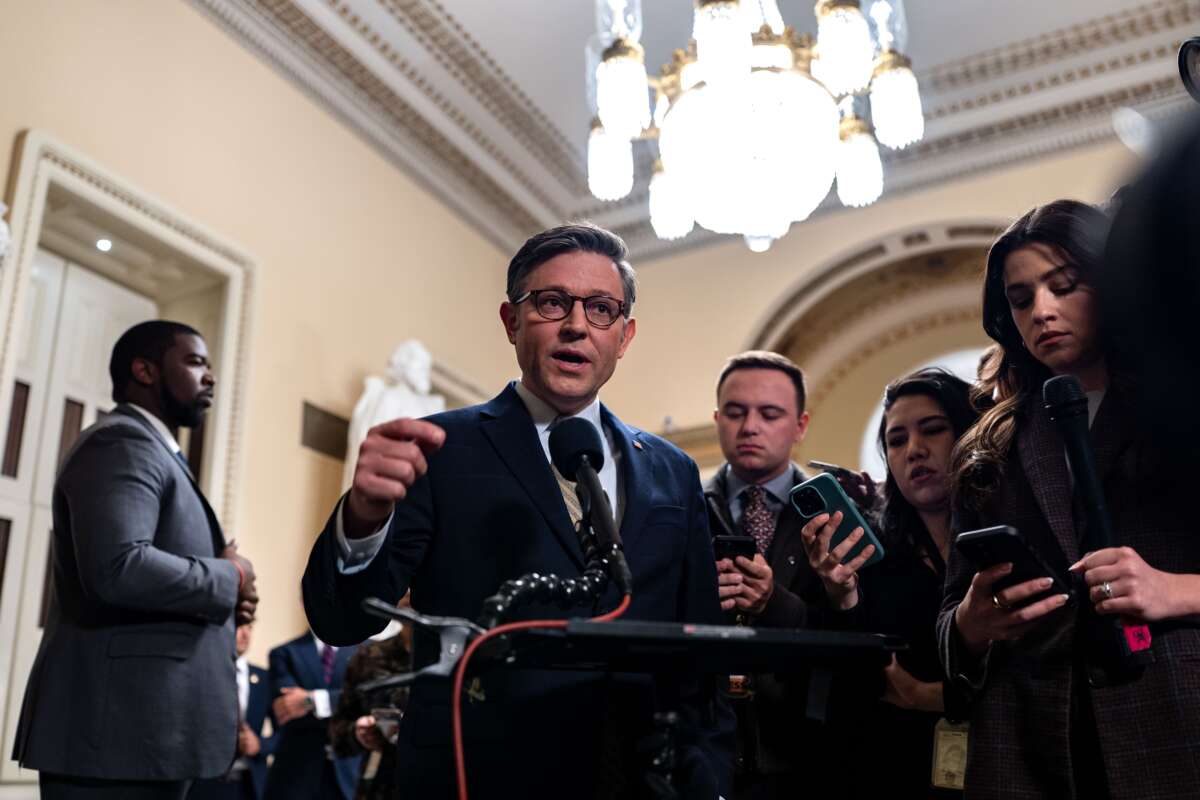 Speaker of the House Mike Johnson speaks to the press at the Capitol on December 20, 2024, in Washington, D.C.