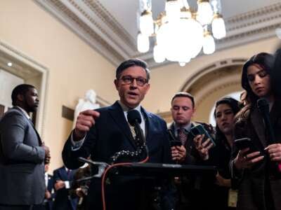 Speaker of the House Mike Johnson speaks to the press at the Capitol on December 20, 2024, in Washington, D.C.