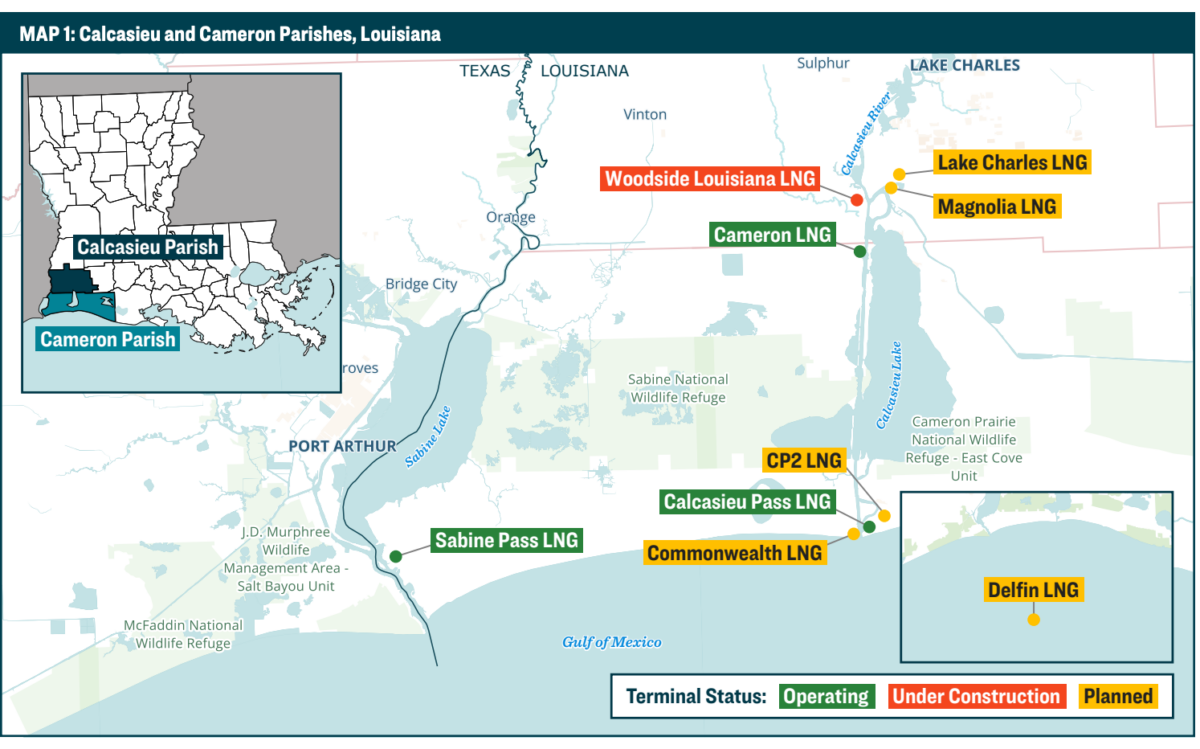 Deze kaart van de parochies Calcasieu en Cameron in Louisiana toont de locaties van bestaande en geplande exportterminals voor vloeibaar aardgas. Uit een nieuw rapport van de Sierra Club blijkt dat belastingvoordelen voor deze faciliteiten lokale scholen en andere openbare diensten miljarden dollars aan gederfde inkomsten zullen kosten.