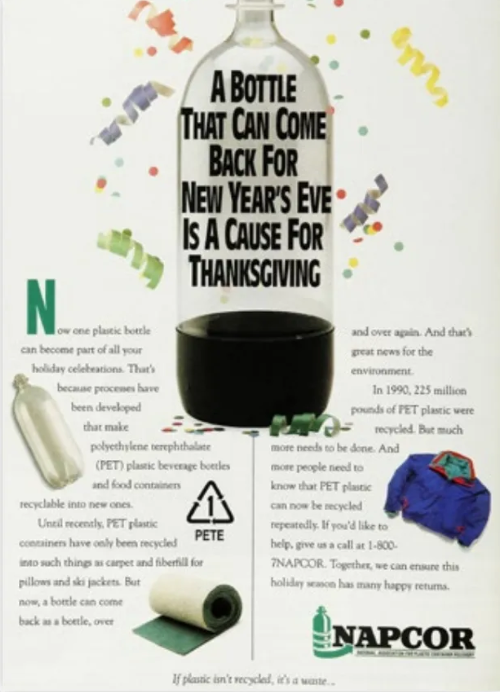 Ford County’s lawsuit cites this advertisement from the National Association for Plastic Container Recovery in Ladies’ Home Journal in 1991, which claimed that “PET plastic can now be recycled repeatedly.” A recent FieldNotes investigation found that NAPCOR is still running influence campaigns claiming PET plastic is recyclable.