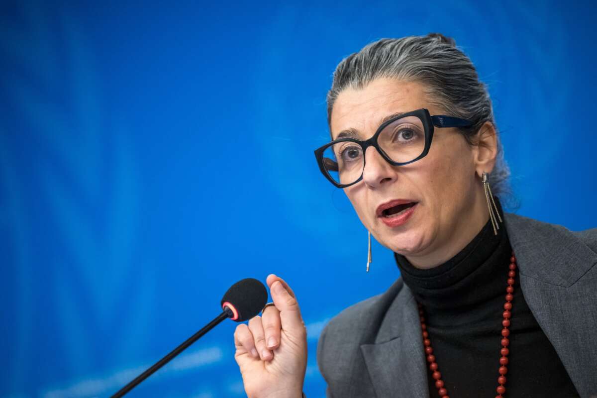 United Nations Special Rapporteur on the occupied Palestinian territories Francesca Albanese holds a press conference in Geneva on December 11, 2024.