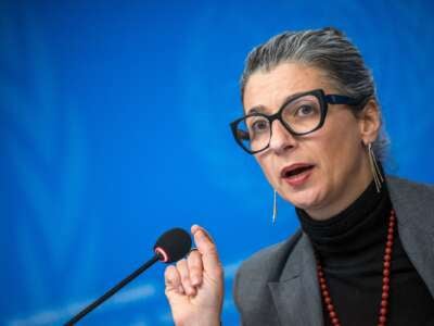 United Nations Special Rapporteur on the occupied Palestinian territories Francesca Albanese holds a press conference in Geneva on December 11, 2024.