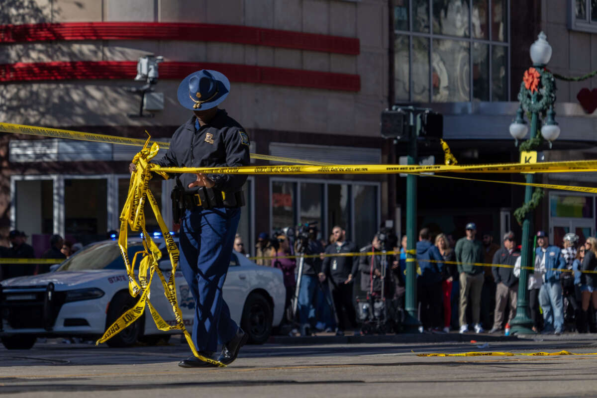 The scene near where a man drove a pickup truck into a crowd of people on January 1, 2025, in the French Quarter of New Orleans.