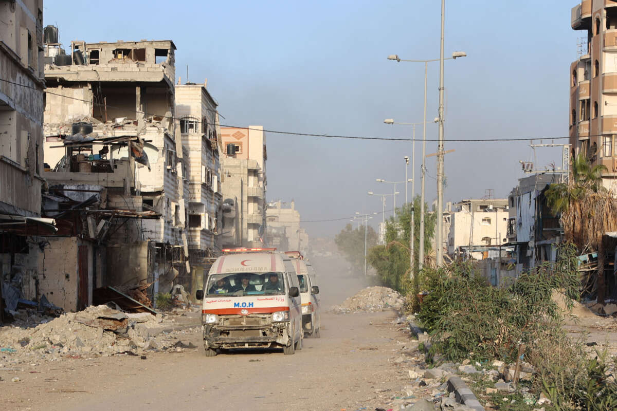 Ambulances transport wounded Palestinians from the Kamal Adwan Hospital to the Al-Shifa hospital in Gaza City, on December 28, 2024.