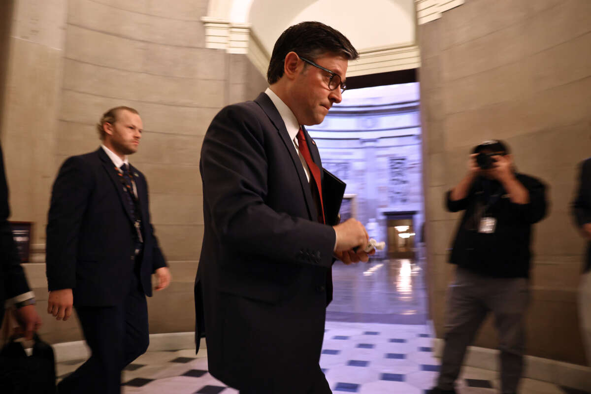 Speaker of the House Mike Johnson leaves his office in the U.S. Capitol on January 3, 2025, in Washington, D.C.