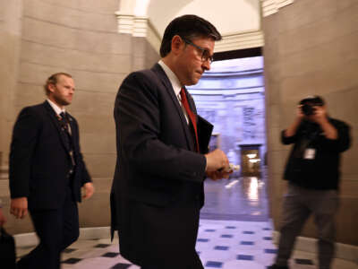 Speaker of the House Mike Johnson leaves his office in the U.S. Capitol on January 3, 2025, in Washington, D.C.