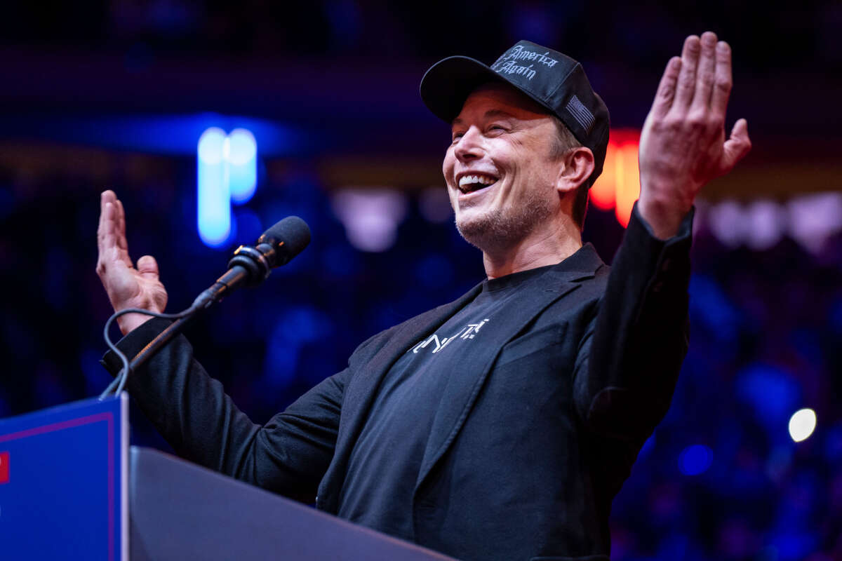 Elon Musk speaks before Republican presidential nominee former President Donald Trump at a campaign rally at Madison Square Garden in New York, on October 27, 2024.