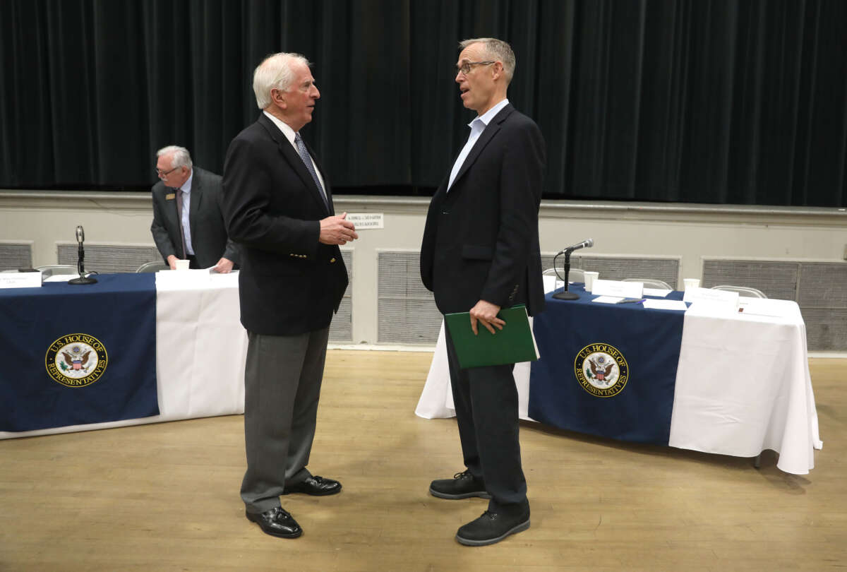 Rep. Mike Thompson (left) talks with Rep. Jared Huffman (right) before a community meeting for north bay fire victims at Veterans Memorial Auditorium on Feburary 20, 2019, in Santa Rosa, California.