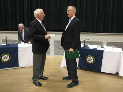 Rep. Mike Thompson (left) talks with Rep. Jared Huffman (right) before a community meeting for north bay fire victims at Veterans Memorial Auditorium on Feburary 20, 2019, in Santa Rosa, California.