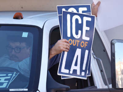 A person holds signs out of their car window reading "ICE OUT OF LA"