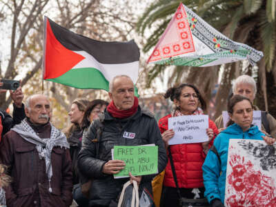 Dozens of health workers and other people demand the release of Dr. Hussam Abu Safiyah, director of the Kamal Adwan hospital, the only one remaining operational in the Gaza Strip, in Barcelona, Spain, on January 3, 2025. Protesters gather in front of the Department of Health in Barcelona.