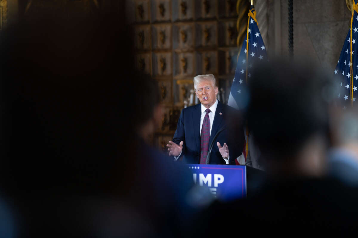 President-elect Donald Trump speaks to members of the media during a press conference at the Mar-a-Lago Club on January 7, 2025, in Palm Beach, Florida.