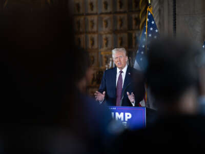 President-elect Donald Trump speaks to members of the media during a press conference at the Mar-a-Lago Club on January 7, 2025, in Palm Beach, Florida.