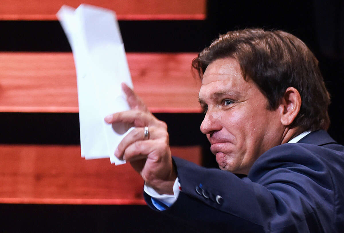 Florida Gov. Ron DeSantis, holds a press conference at The Grove Bible Chapel in Winter Garden, Florida, on October 22, 2024.