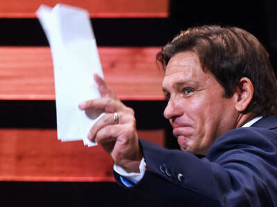 Florida Gov. Ron DeSantis, holds a press conference at The Grove Bible Chapel in Winter Garden, Florida, on October 22, 2024.