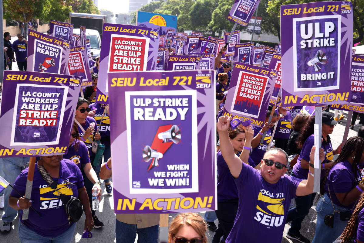 Hundreds of Los Angeles County SEIU 721 members rally to announce overwhelming support for an unfair labor practice strike authorization vote during a rally in front of the Kenneth Hahn Hall of Administration in downtown Los Angeles on September 24, 2024.