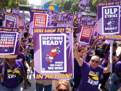 Hundreds of Los Angeles County SEIU 721 members rally to announce overwhelming support for an unfair labor practice strike authorization vote during a rally in front of the Kenneth Hahn Hall of Administration in downtown Los Angeles on September 24, 2024.