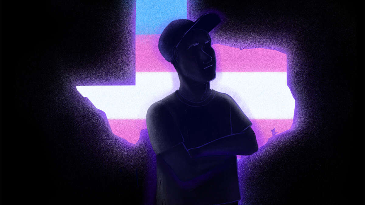 A digital illustration of a man standing in silhouette against a graphic of the state of Texas colored in a glowing blue, pink and white motif.