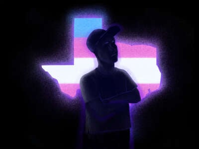 A digital illustration of a man standing in silhouette against a graphic of the state of Texas colored in a glowing blue, pink and white motif.