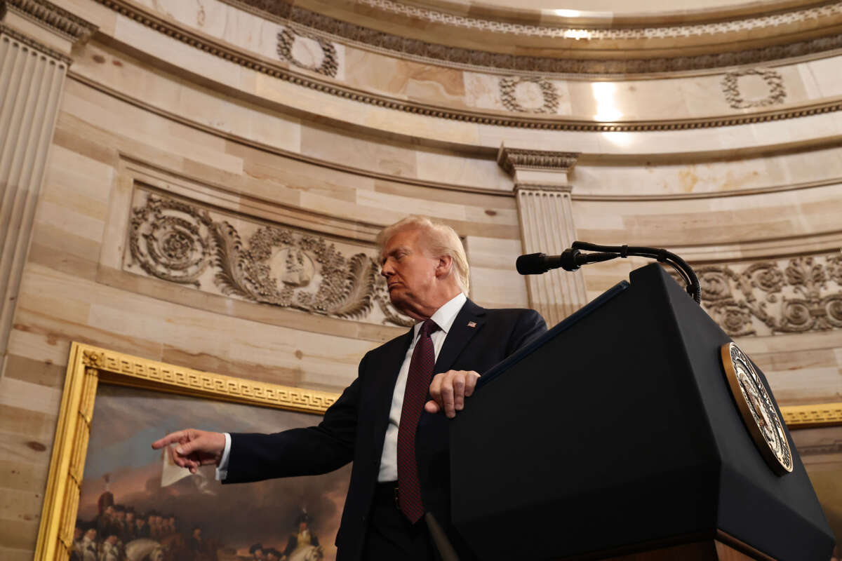 President Donald Trump gestures as he speaks during inauguration ceremonies in the Rotunda of the U.S. Capitol on January 20, 2025, in Washington, D.C.