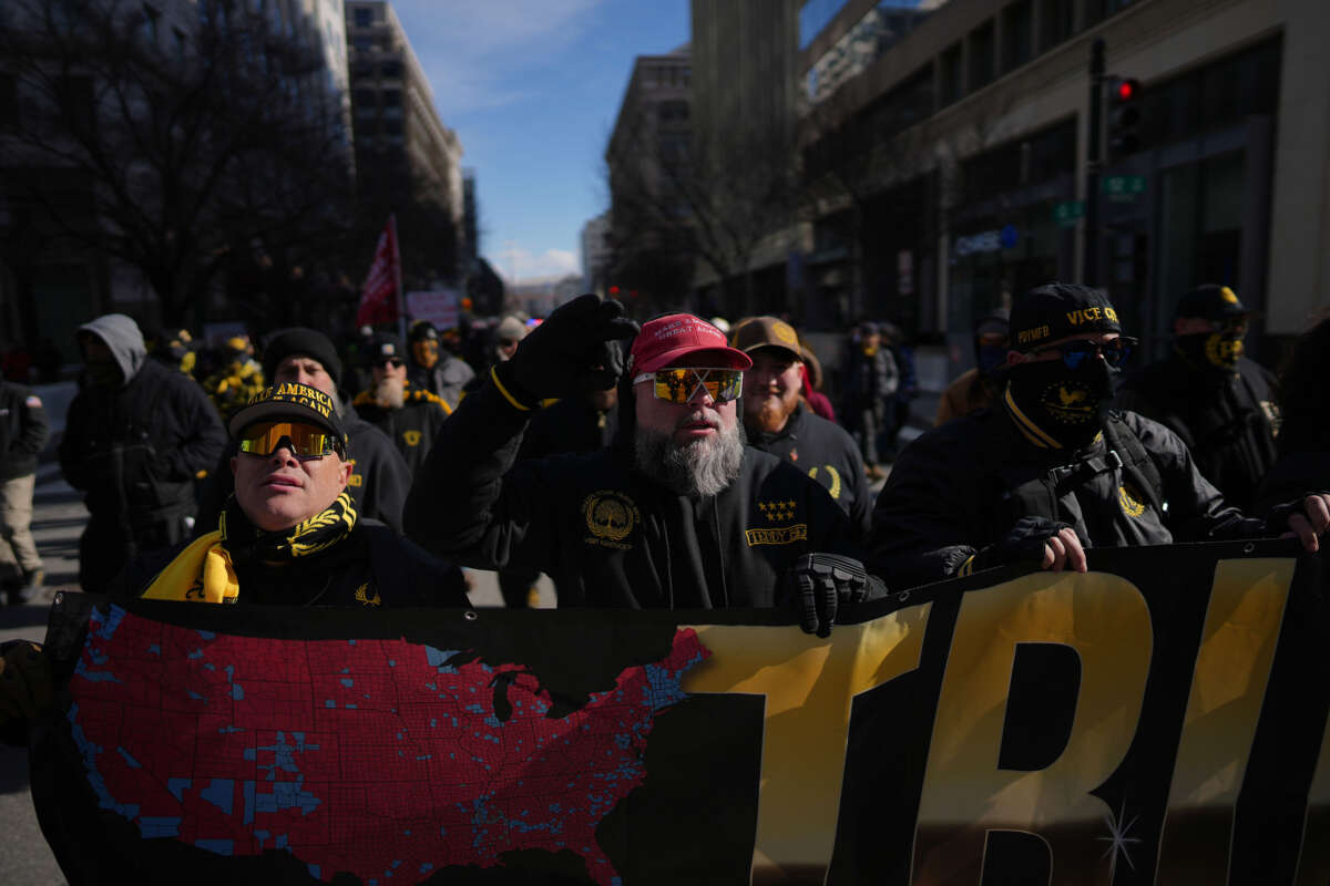 Members of the Proud Boys march on the streets during the Inauguration of President-elect Donald Trump on January 20, 2025, in Washington, D.C.