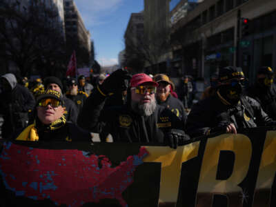 Members of the Proud Boys march on the streets during the Inauguration of President-elect Donald Trump on January 20, 2025, in Washington, D.C.