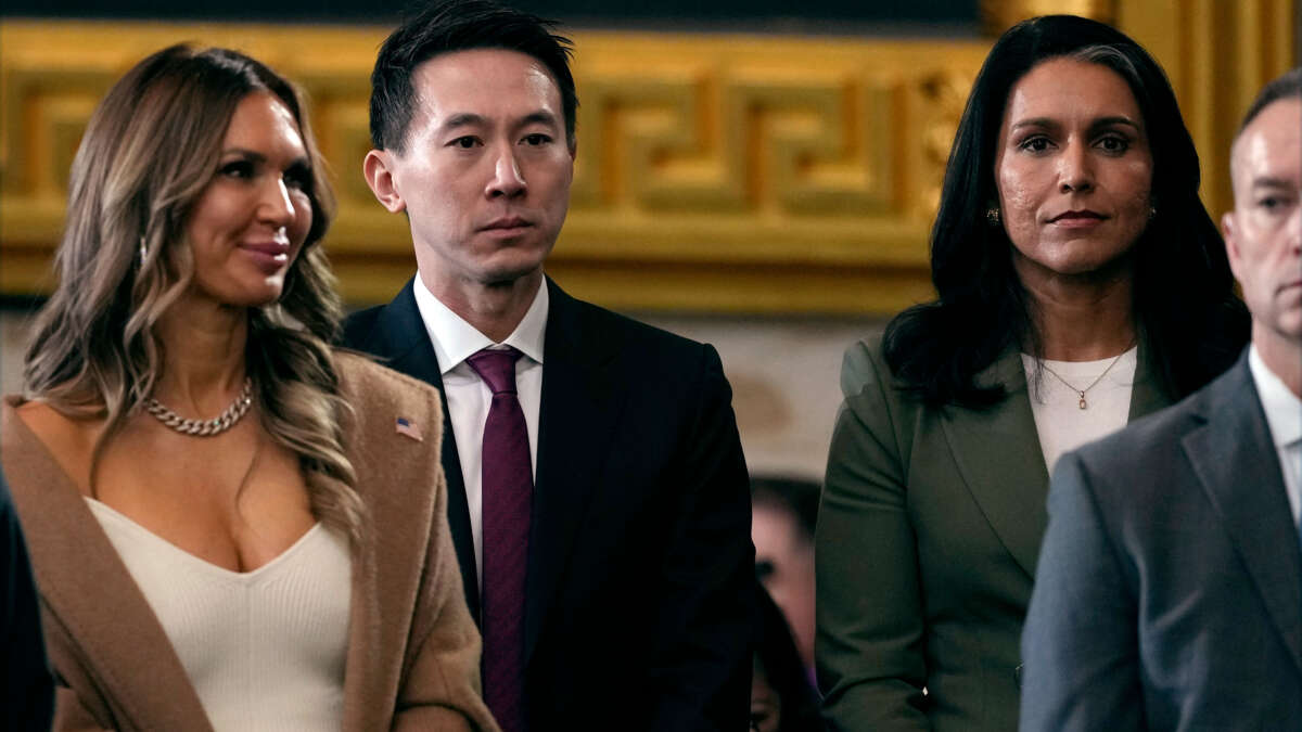 TikTok CEO Shou Zi Chew (left) and Tulsi Gabbard, the nominee to be the next director of national intelligence, attend the inauguration of President Donald Trump at the U.S. Capitol Rotunda on January 20, 2025, in Washington, D.C.