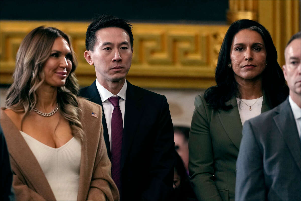 TikTok CEO Shou Zi Chew (left) and Tulsi Gabbard, the nominee to be the next director of national intelligence, attend the inauguration of President Donald Trump at the U.S. Capitol Rotunda on January 20, 2025, in Washington, D.C.